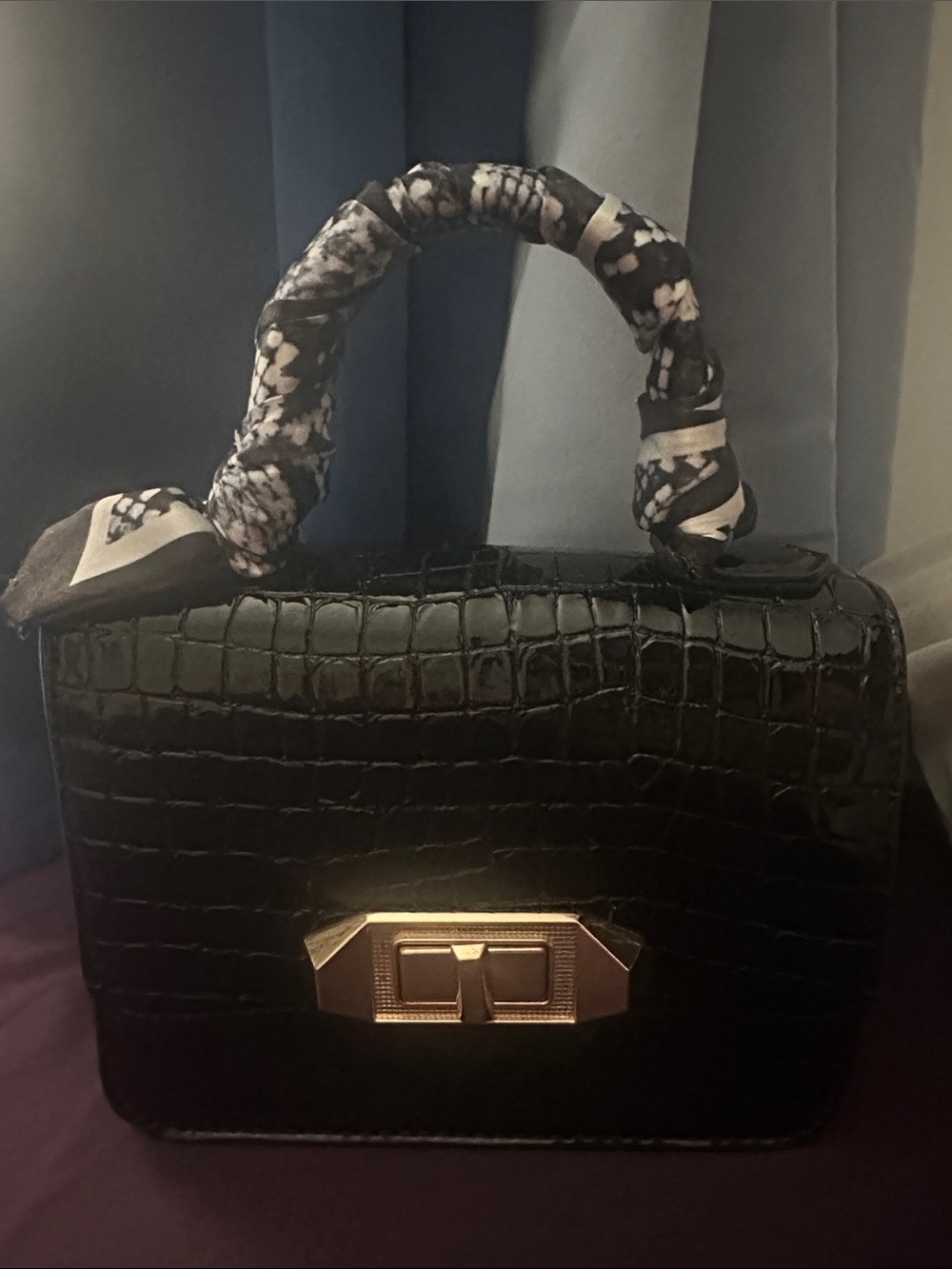 Aldo Black Croc-Embossed Satchel with Gold Hardware and Scarf-Wrapped Handle